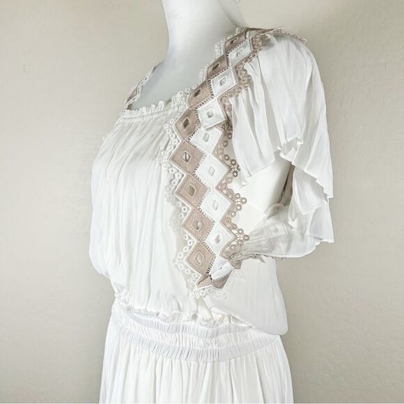 Ramy Brook White Tan Trim Mini Dress Eyelet Smocked Waist Vacation Large NWT - Picture 11 of 15
